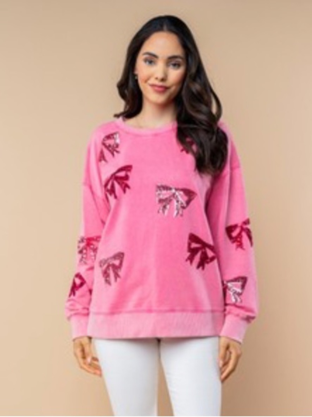 White Birch PLUS Light Pink Sequin Bow Pullover